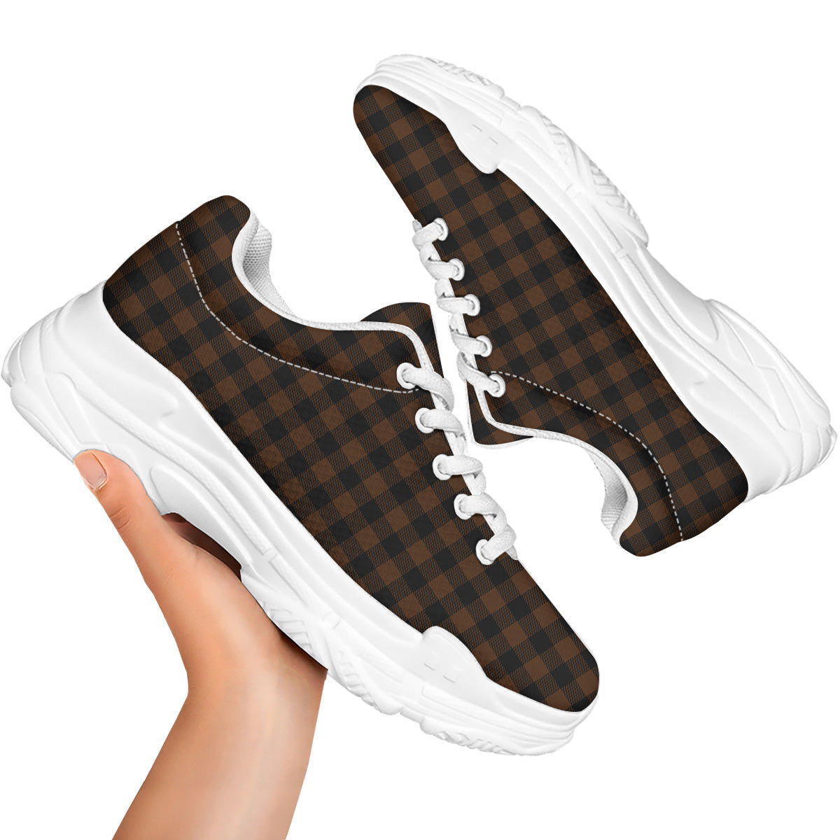 Buffalo Check Black And Brown Print White Chunky Shoes-grizzshop