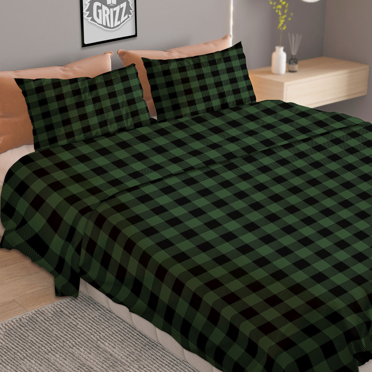Buffalo Check Black And Green Print Duvet Cover Bedding Set