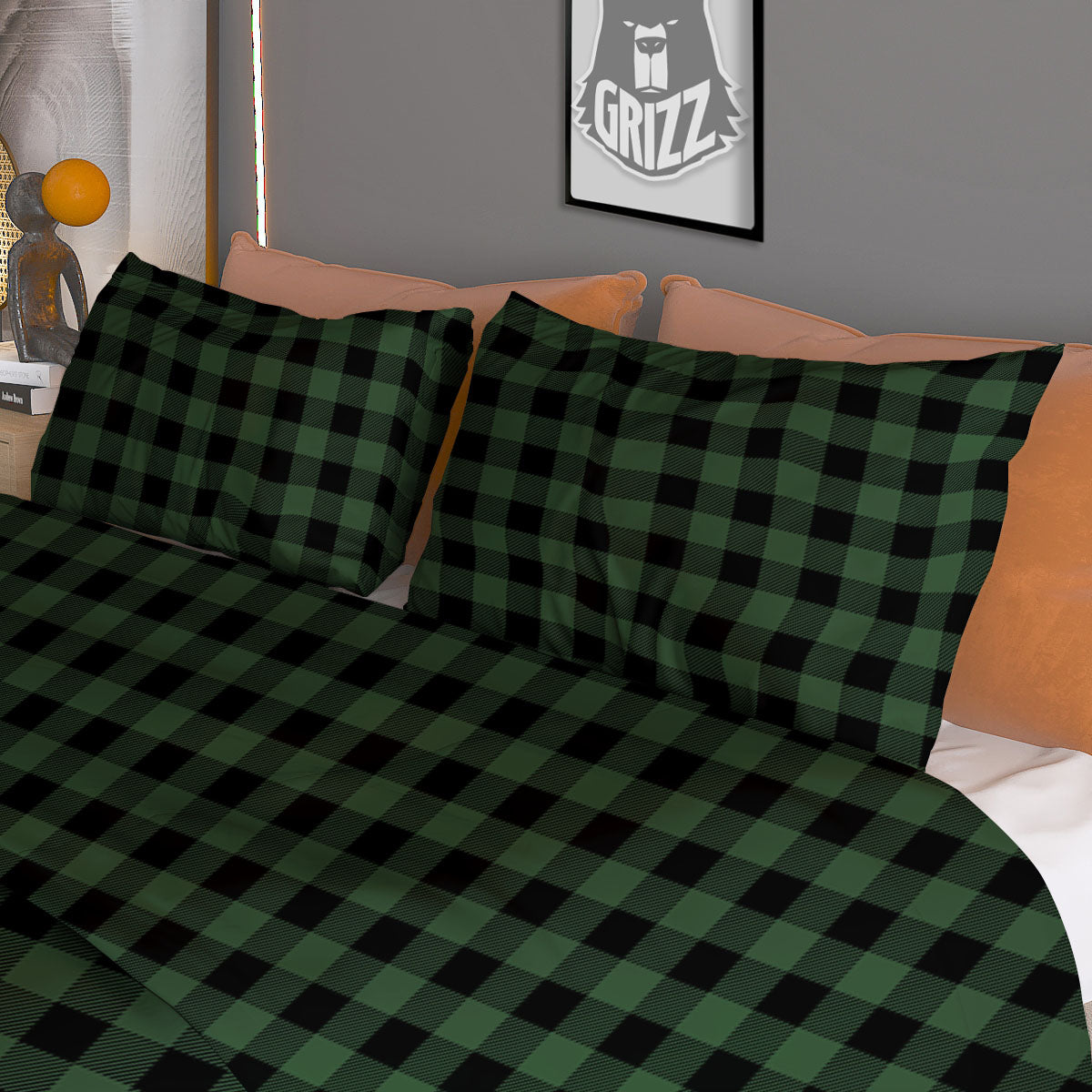 Buffalo Check Black And Green Print Duvet Cover Bedding Set