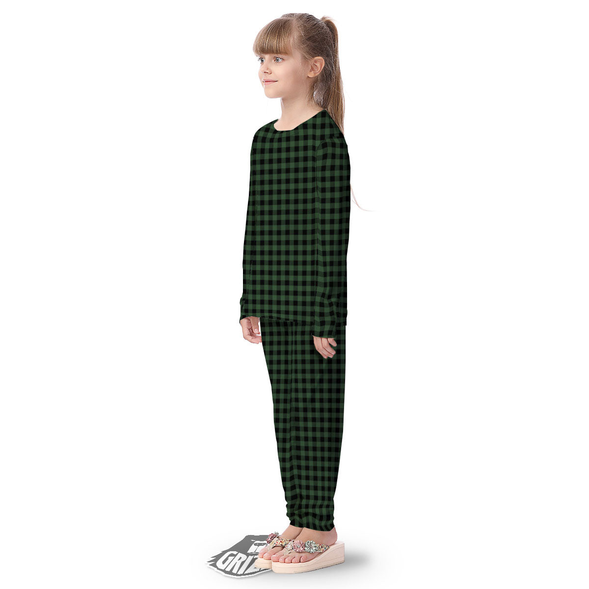 Buffalo Check Black And Green Print Kid's Pajamas-grizzshop