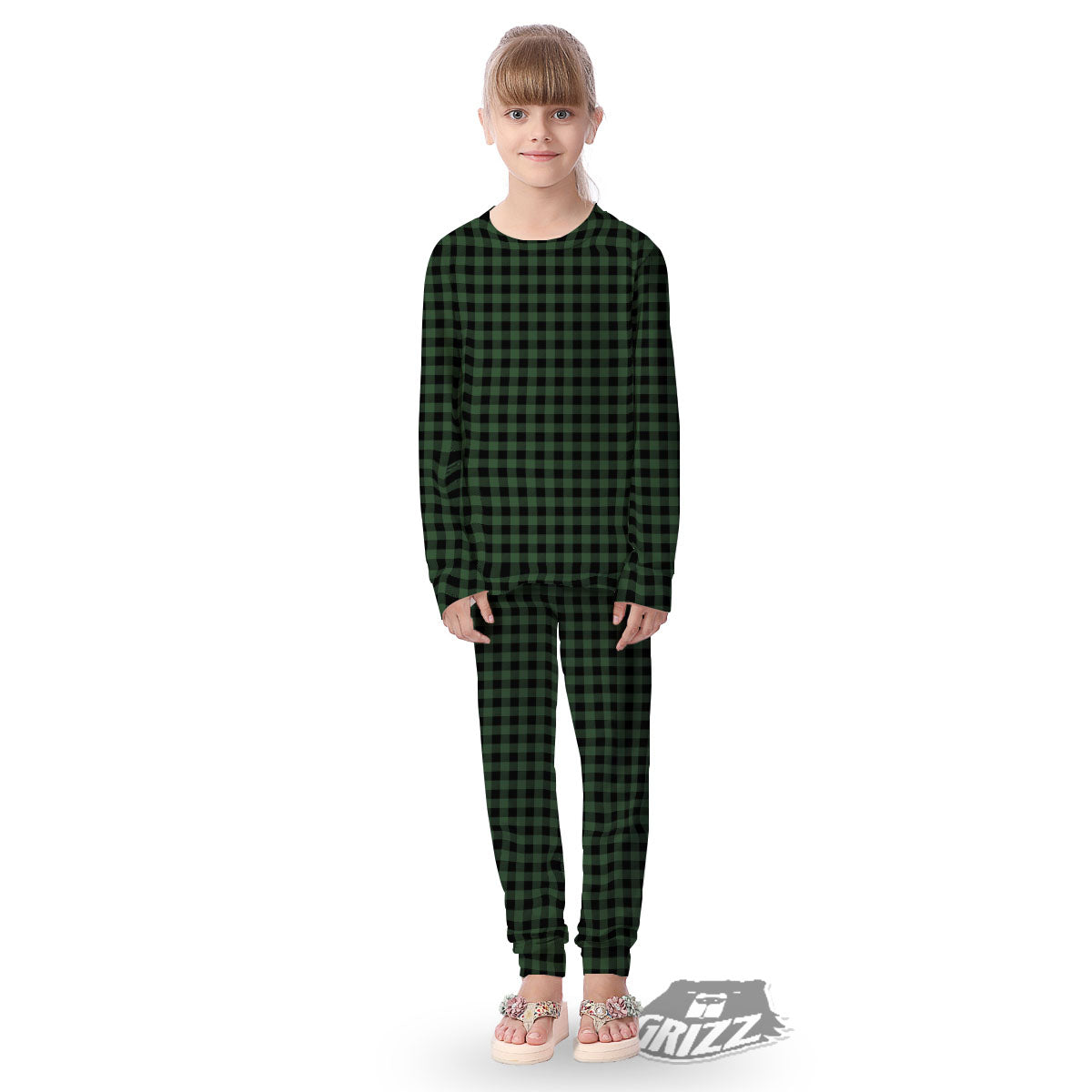 Buffalo Check Black And Green Print Kid's Pajamas-grizzshop