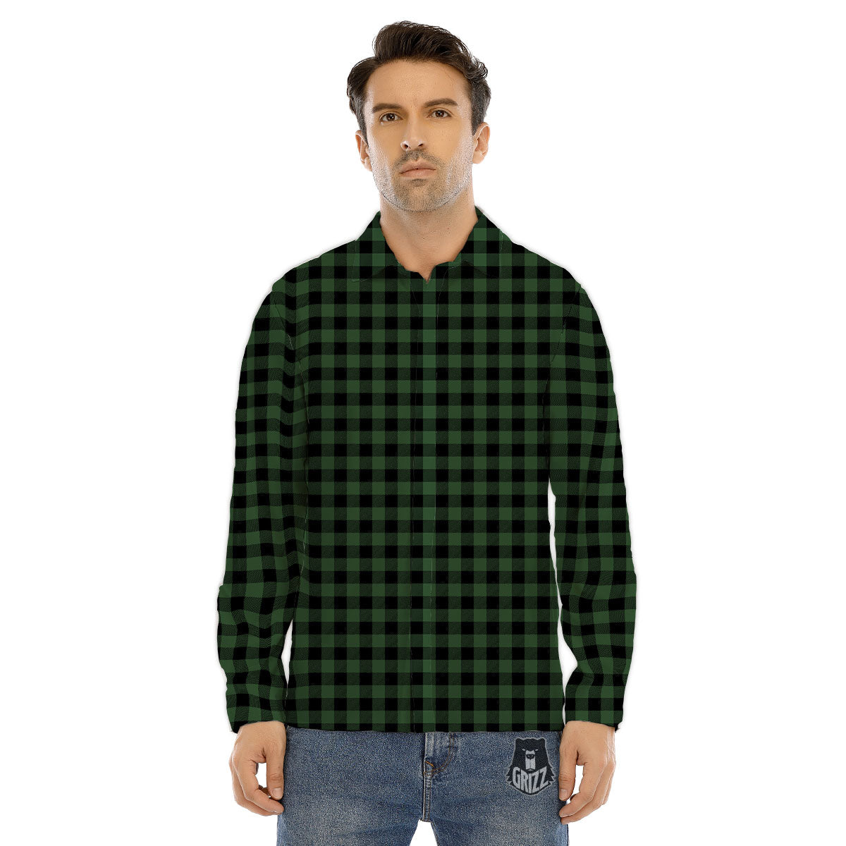 Buffalo Check Black And Green Print Men's Dress Shirts-grizzshop