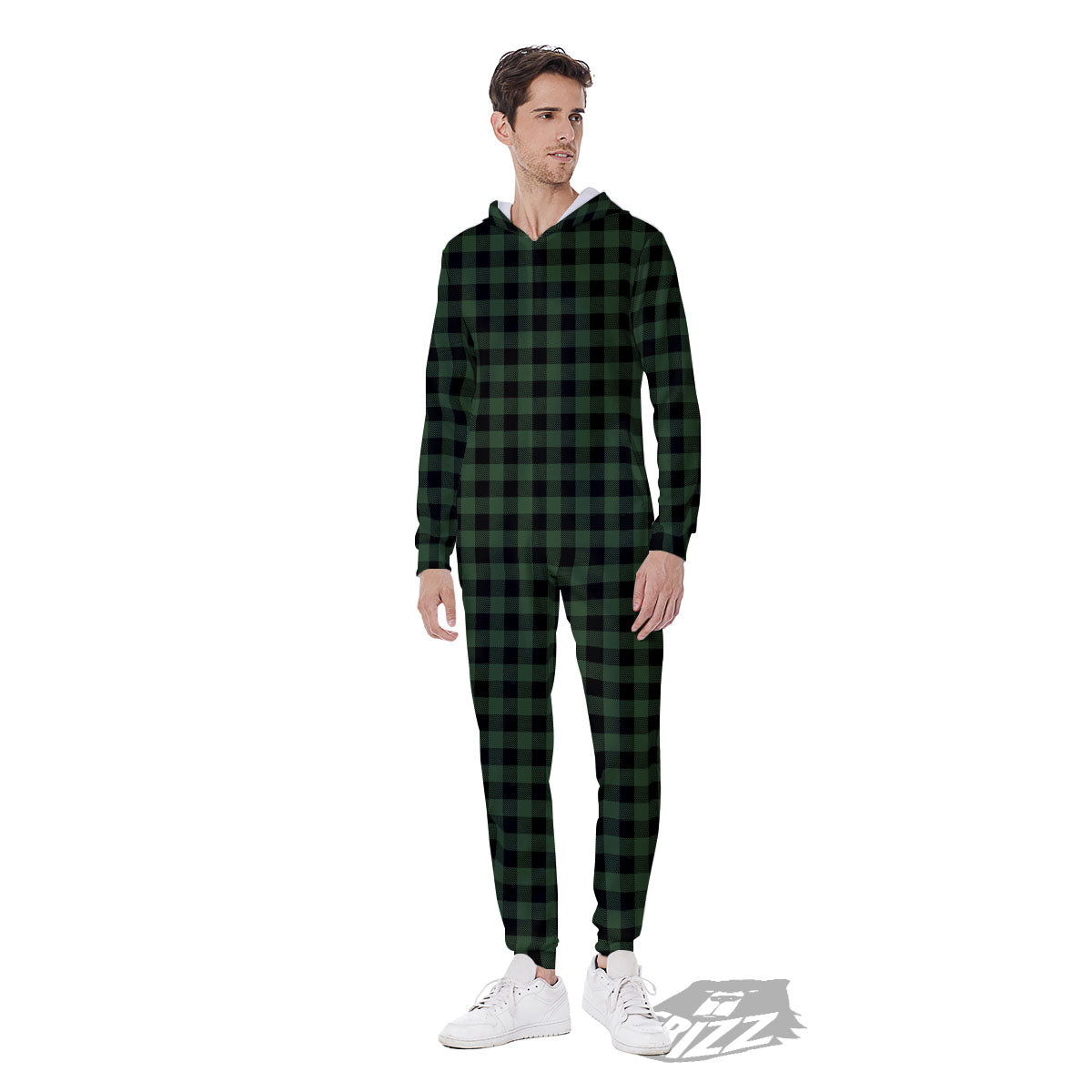 Buffalo Check Black And Green Print Men's Jumpsuit-grizzshop