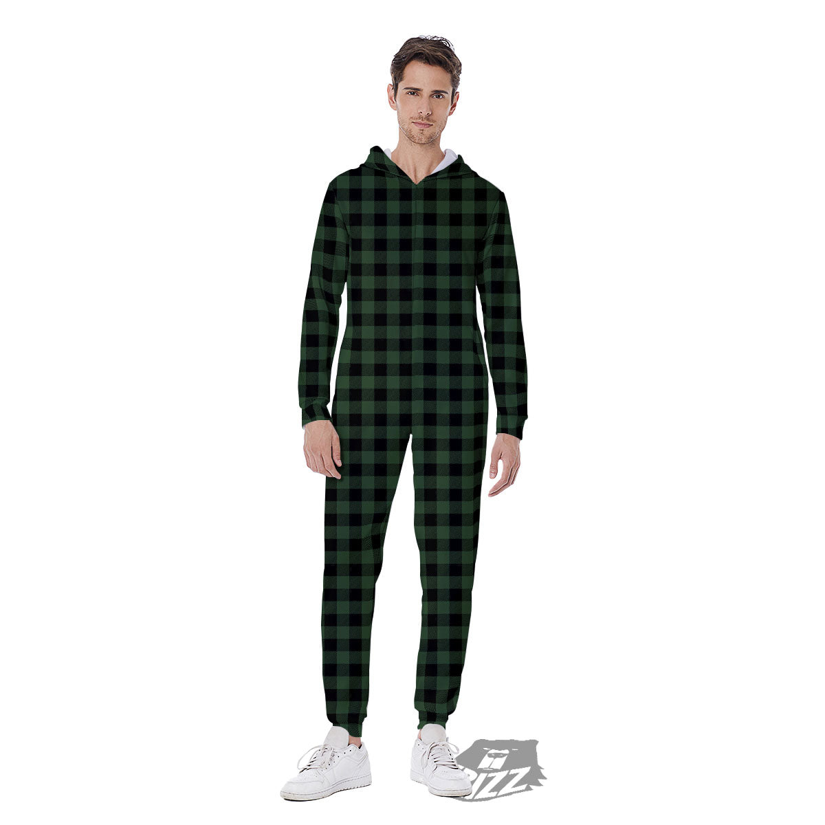 Buffalo Check Black And Green Print Men's Jumpsuit-grizzshop
