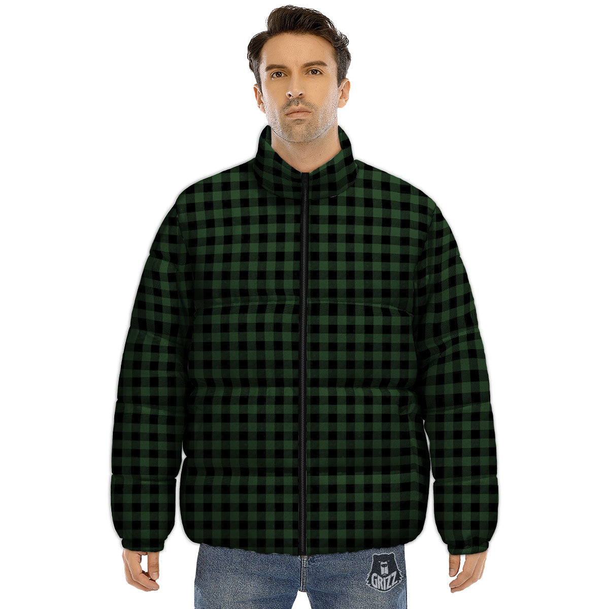 Buffalo Check Black And Green Print Puffer Jacket-grizzshop