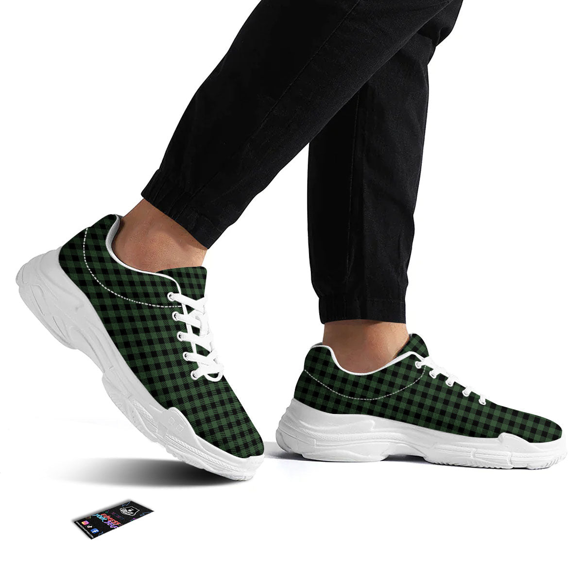 Buffalo Check Black And Green Print White Chunky Shoes-grizzshop