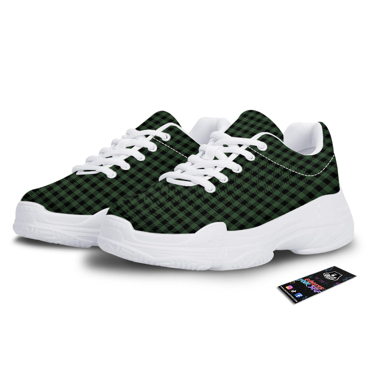 Buffalo Check Black And Green Print White Chunky Shoes-grizzshop