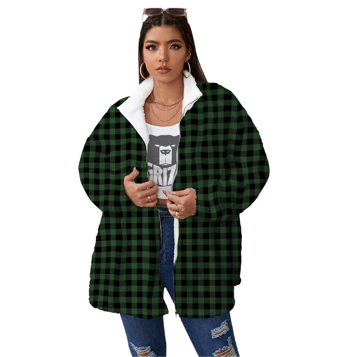 Buffalo Check Black And Green Print Women's Sherpa Jacket-grizzshop