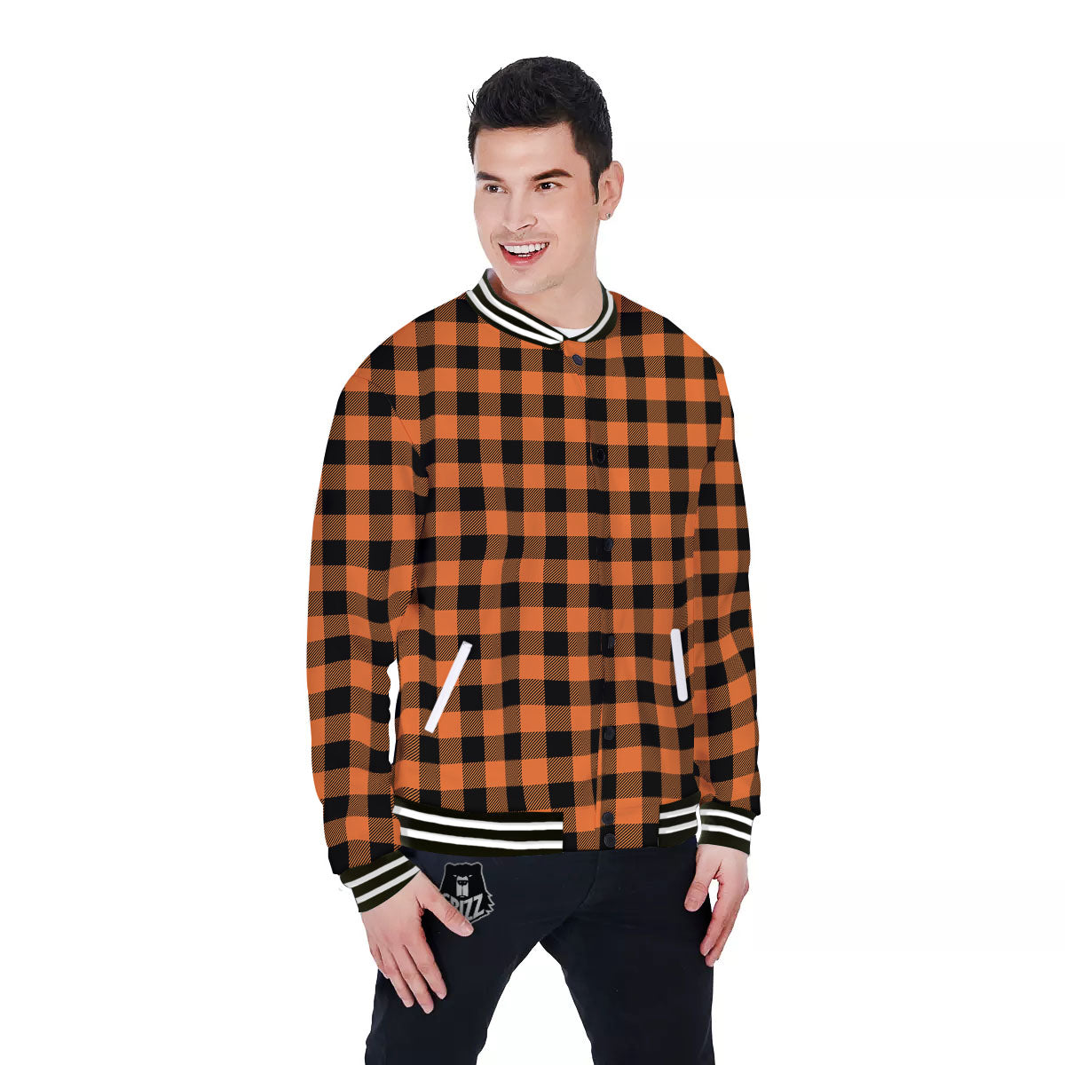 Buffalo Check Black And Orange Print Pattern Baseball Jacket-grizzshop