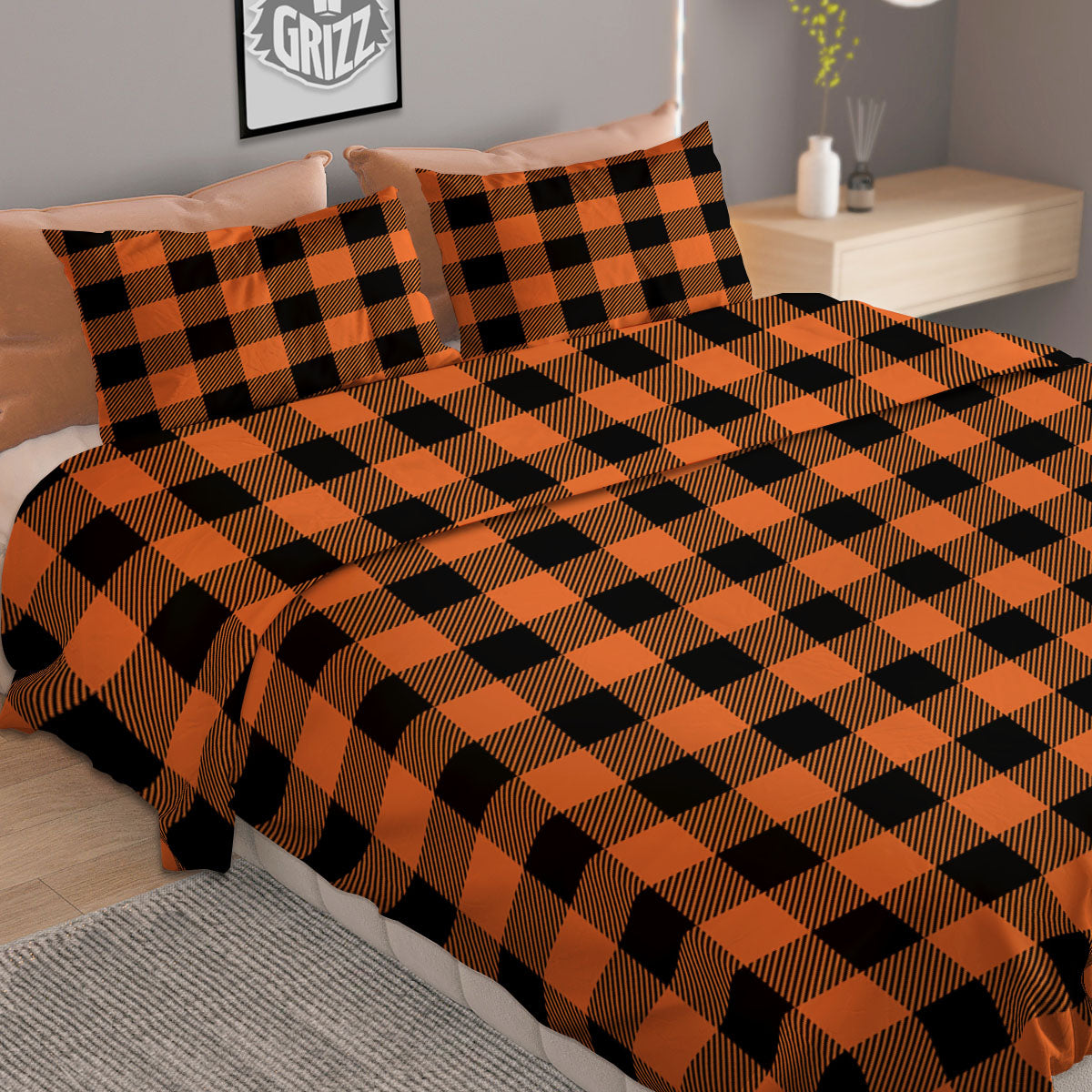 Buffalo Check Black And Orange Print Pattern Duvet Cover Bedding Set
