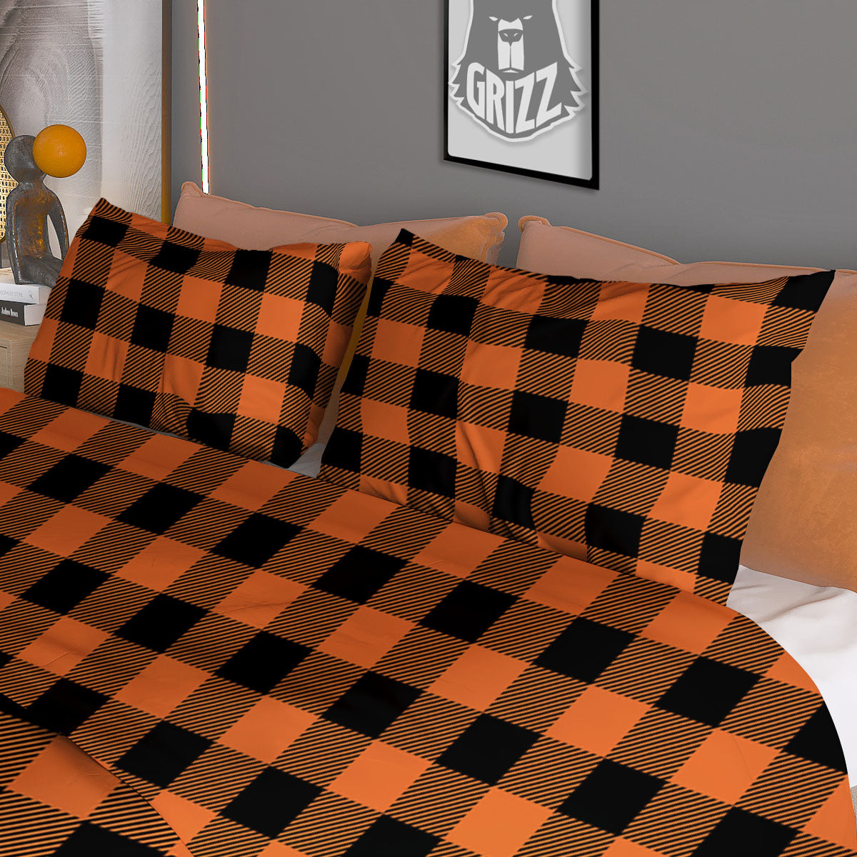 Buffalo Check Black And Orange Print Pattern Duvet Cover Bedding Set