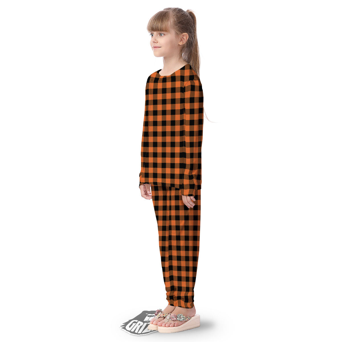 Buffalo Check Black And Orange Print Pattern Kid's Pajamas-grizzshop