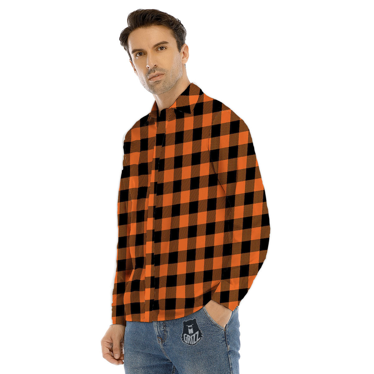 Buffalo Check Black And Orange Print Pattern Men's Dress Shirts-grizzshop