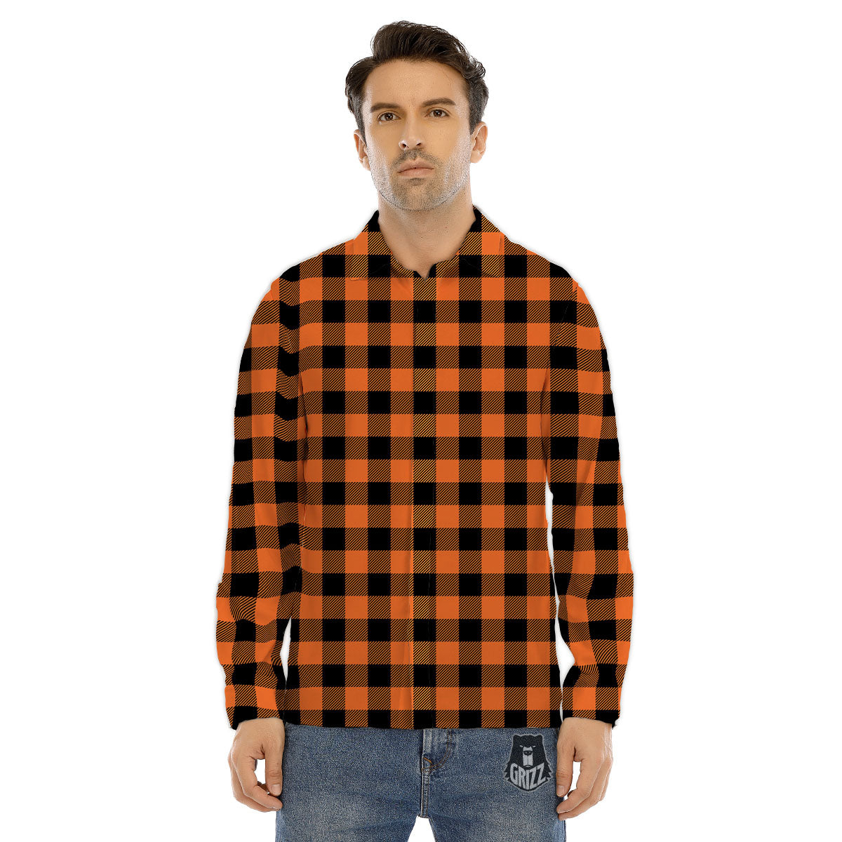 Buffalo Check Black And Orange Print Pattern Men's Dress Shirts-grizzshop