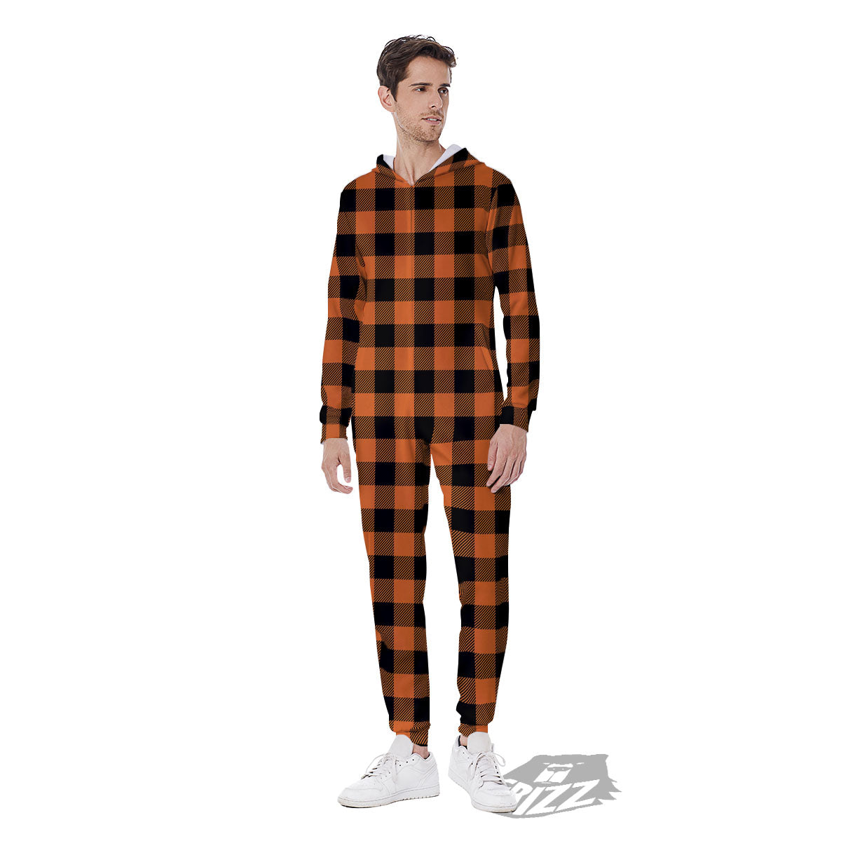 Buffalo Check Black And Orange Print Pattern Men's Jumpsuit-grizzshop