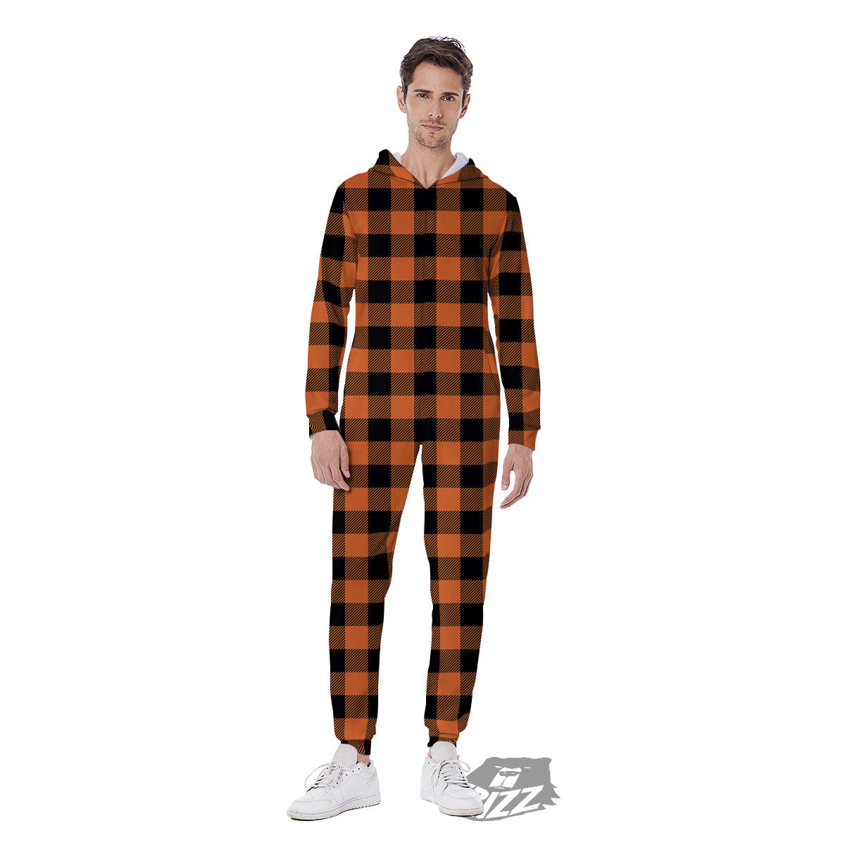 Buffalo Check Black And Orange Print Pattern Men's Jumpsuit-grizzshop