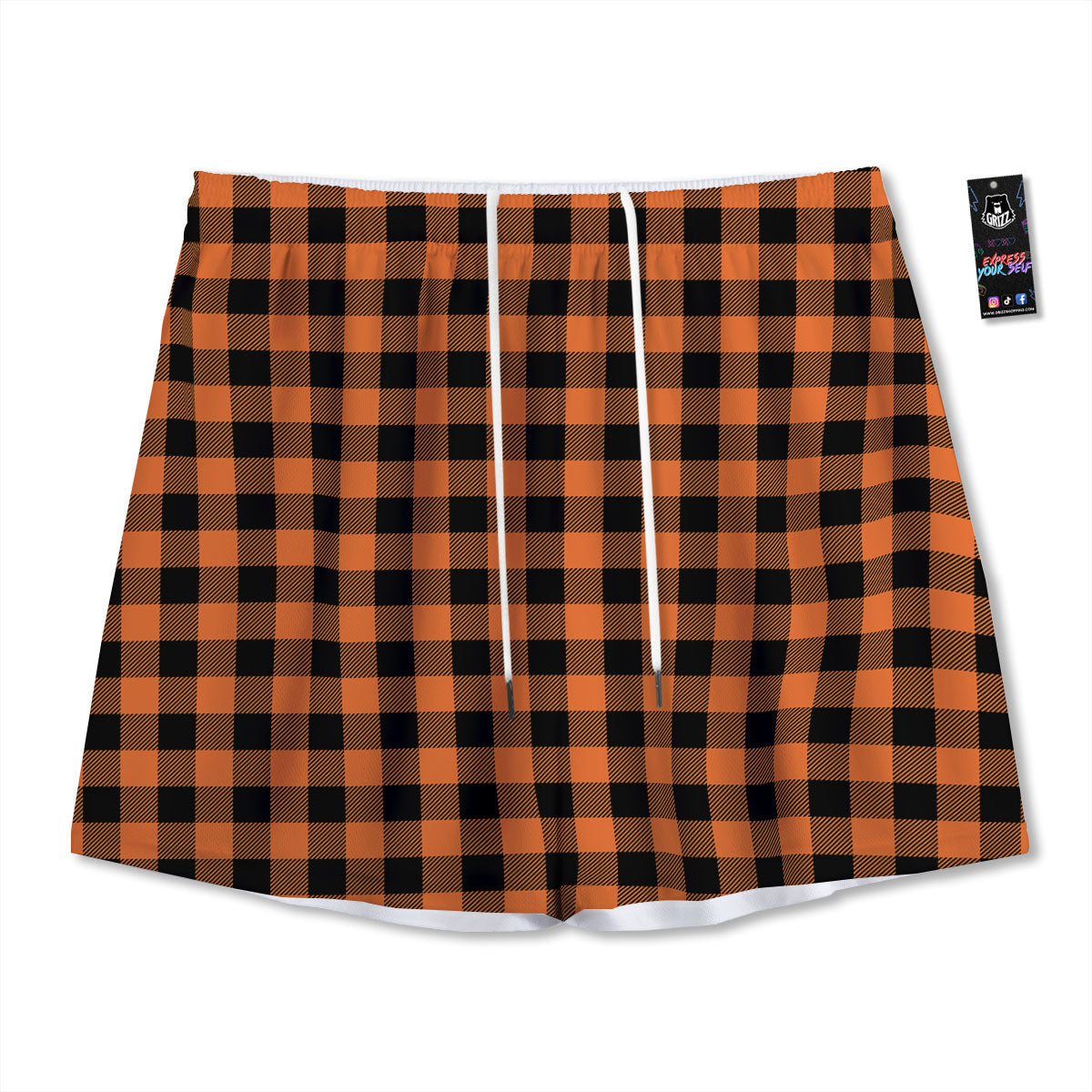 Buffalo Check Black And Orange Print Pattern Mesh Shorts