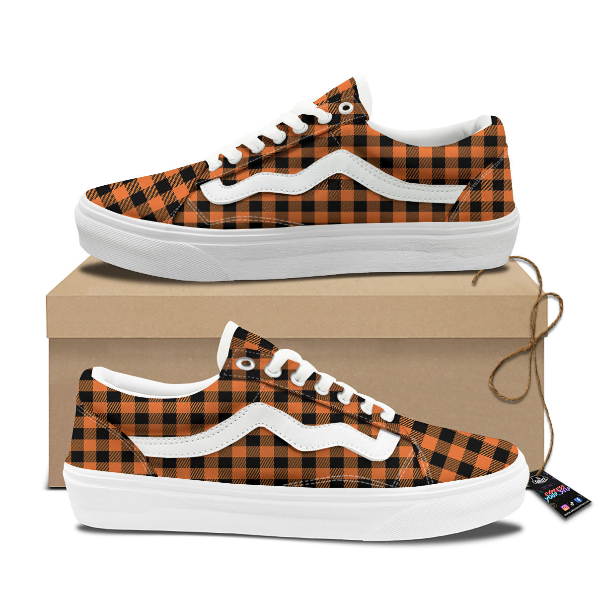 Buffalo Check Black And Orange Print Pattern Skate Shoes-grizzshop