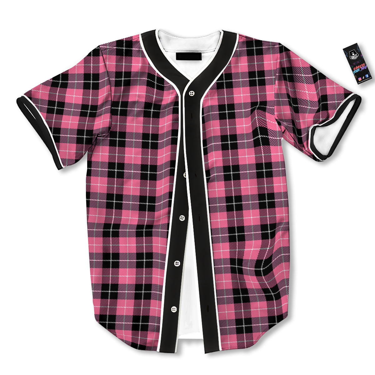 Buffalo Check Black And Pink Print Baseball Jersey-grizzshop