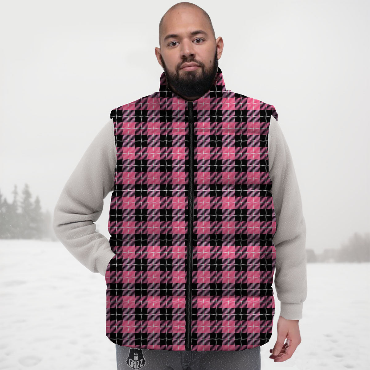 Buffalo Check Black And Pink Print Down Vest