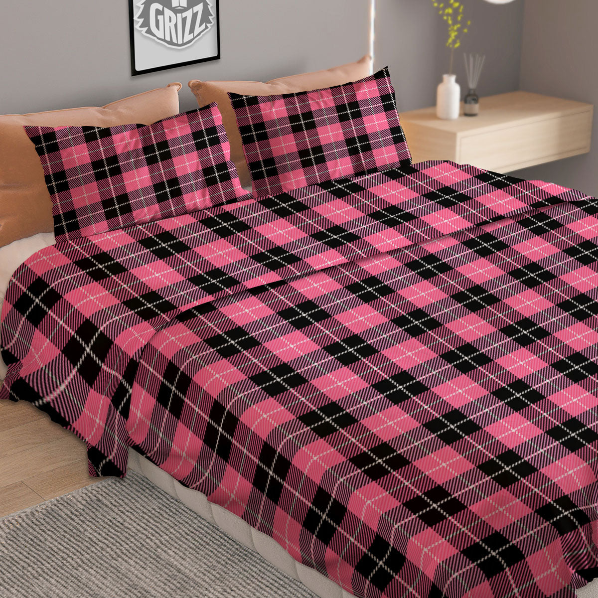 Buffalo Check Black And Pink Print Duvet Cover Bedding Set