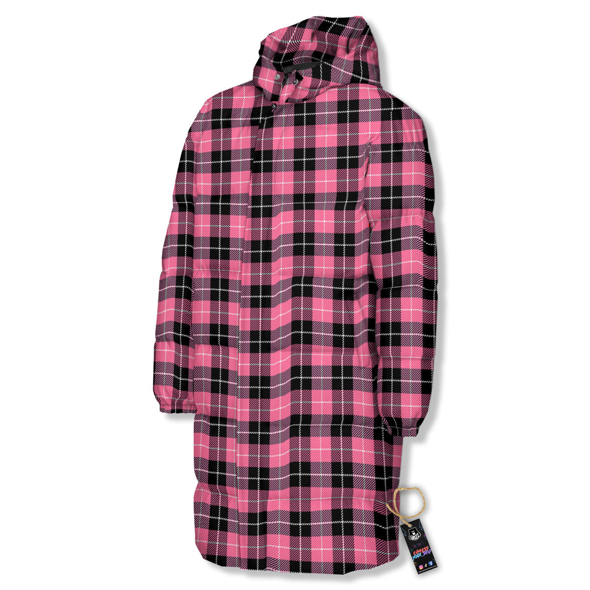 Buffalo Check Black And Pink Print Long Down Jacket-grizzshop