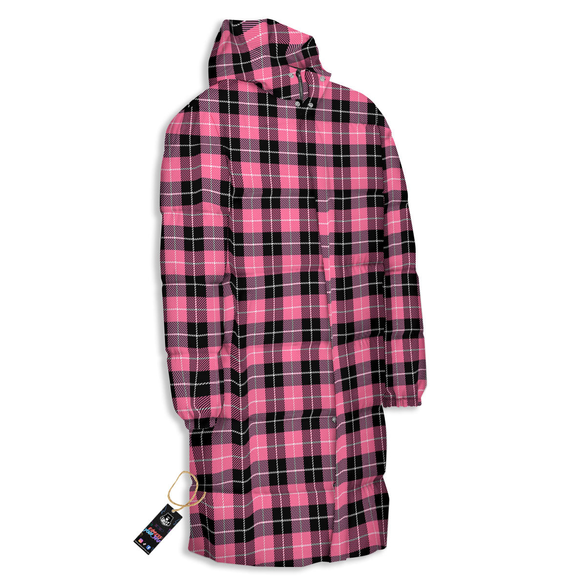 Buffalo Check Black And Pink Print Long Down Jacket-grizzshop