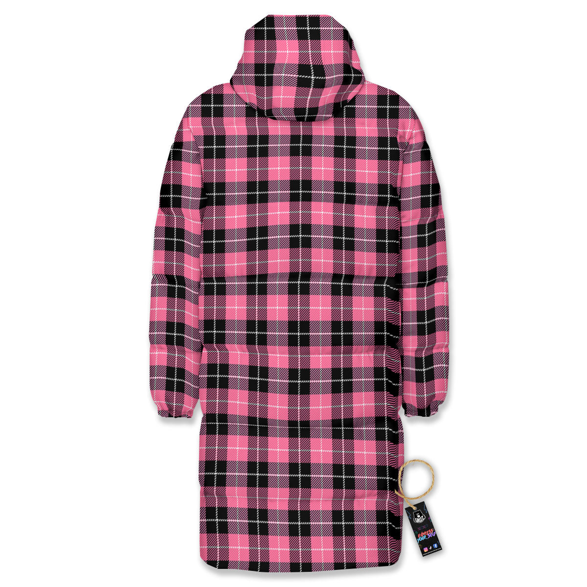 Buffalo Check Black And Pink Print Long Down Jacket-grizzshop