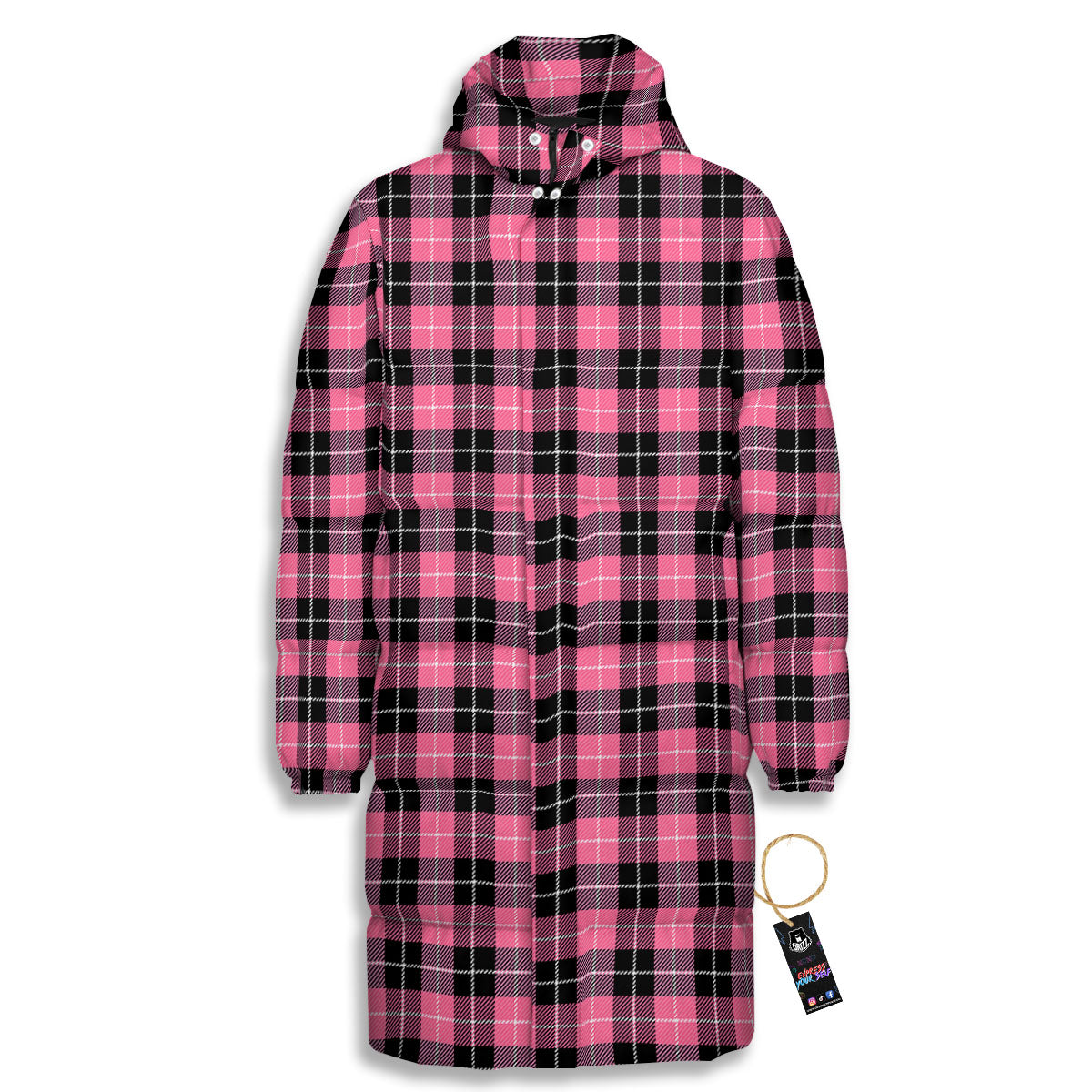 Buffalo Check Black And Pink Print Long Down Jacket-grizzshop