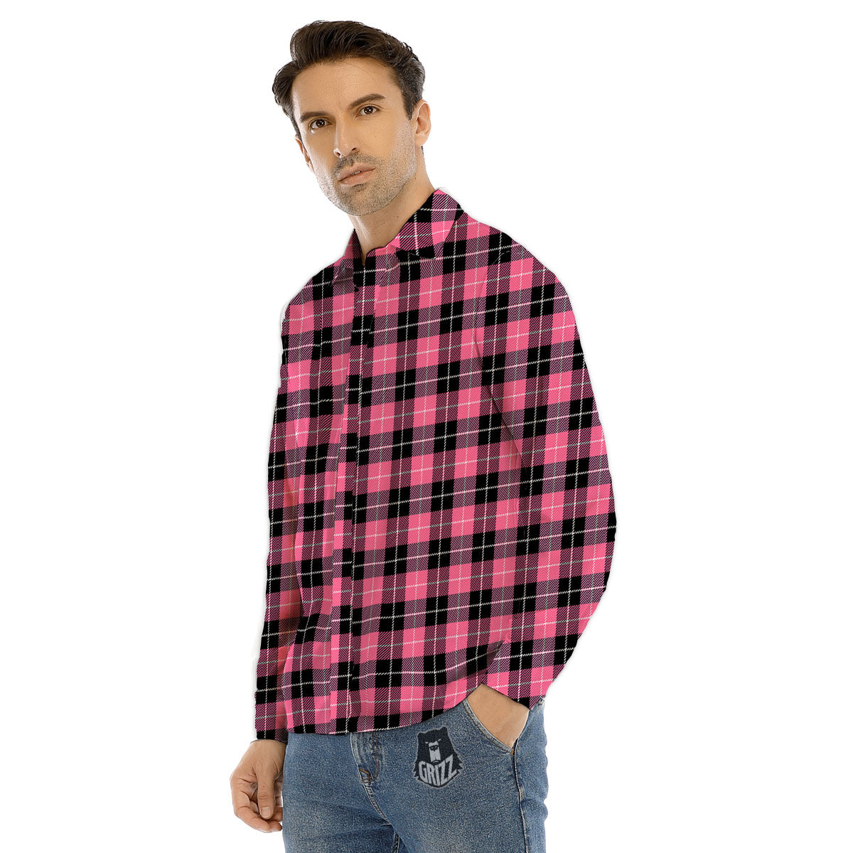 Buffalo Check Black And Pink Print Men's Dress Shirts-grizzshop