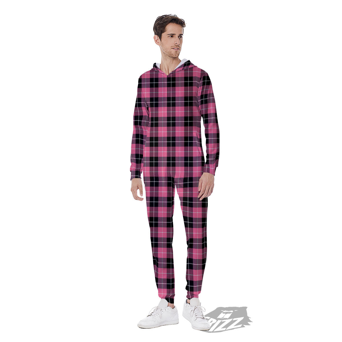 Buffalo Check Black And Pink Print Men's Jumpsuit-grizzshop