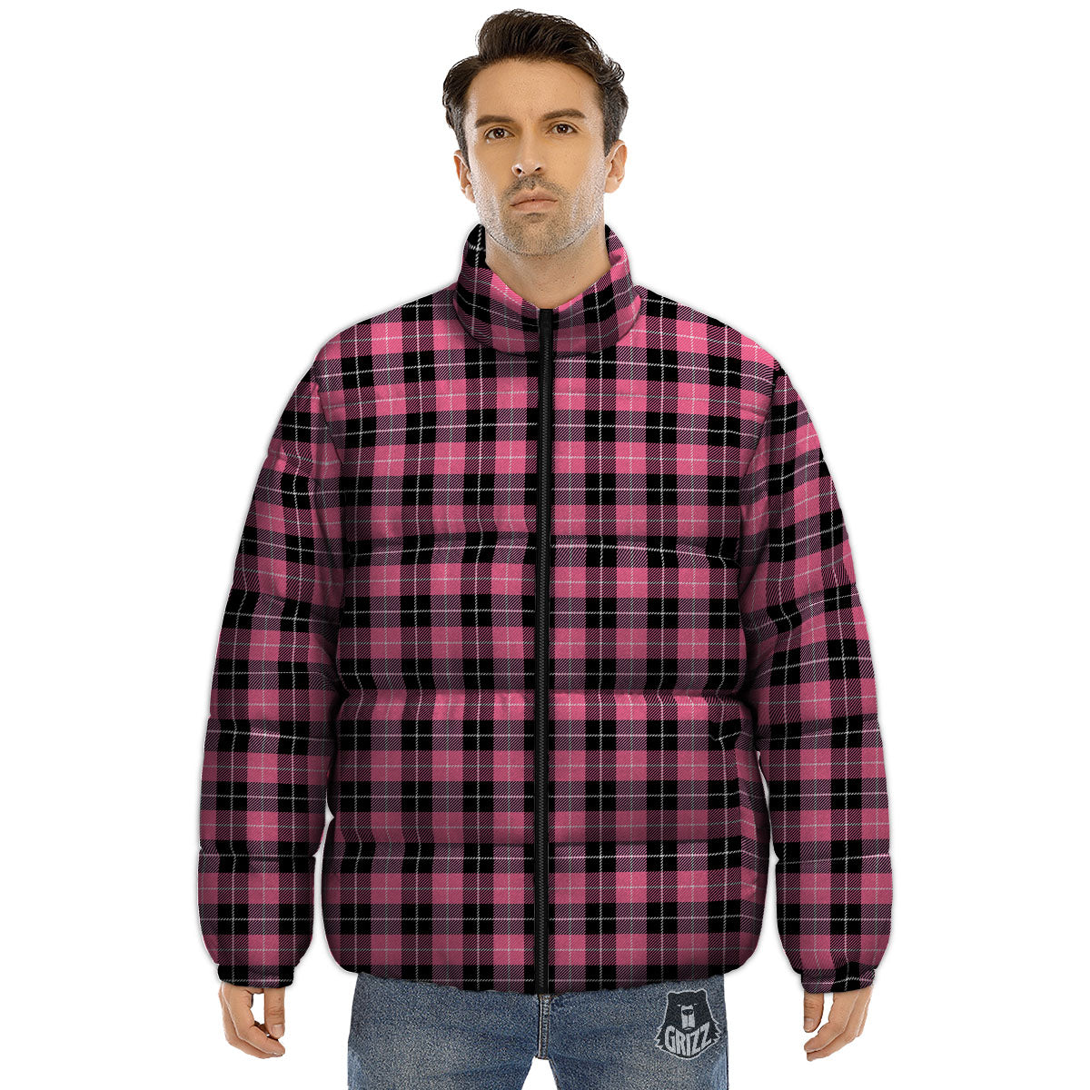 Buffalo Check Black And Pink Print Puffer Jacket-grizzshop