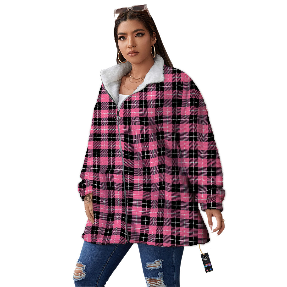 Buffalo Check Black And Pink Print Women's Sherpa Jacket-grizzshop