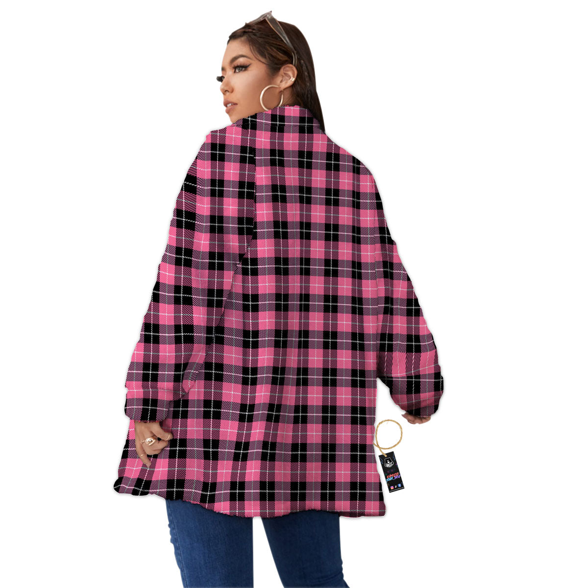 Buffalo Check Black And Pink Print Women's Sherpa Jacket-grizzshop