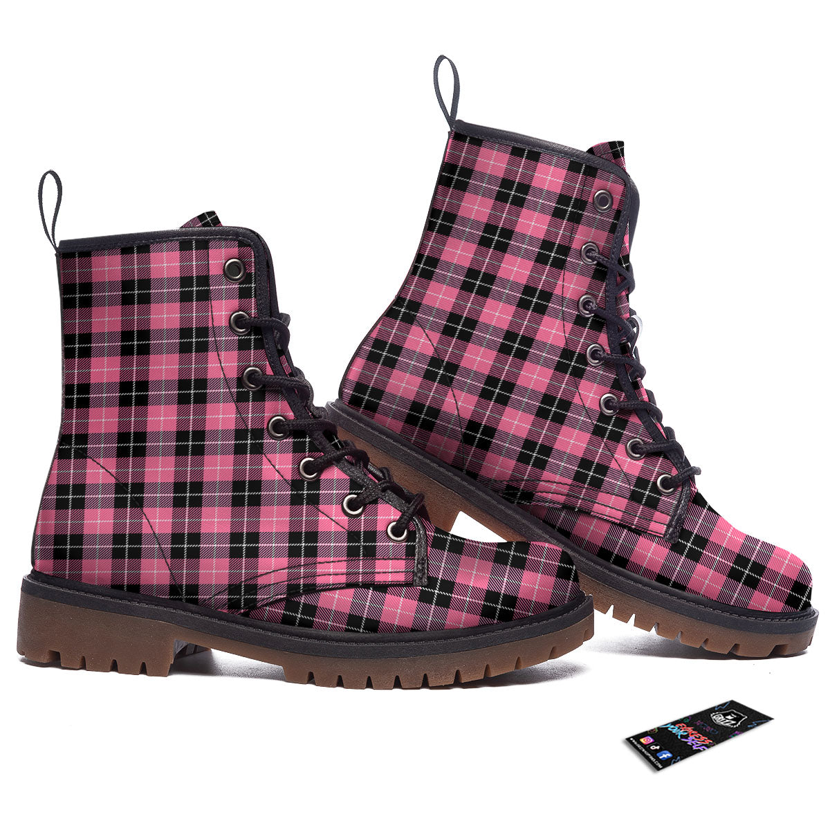 Buffalo Check Black And Pink Print Work Boots-grizzshop