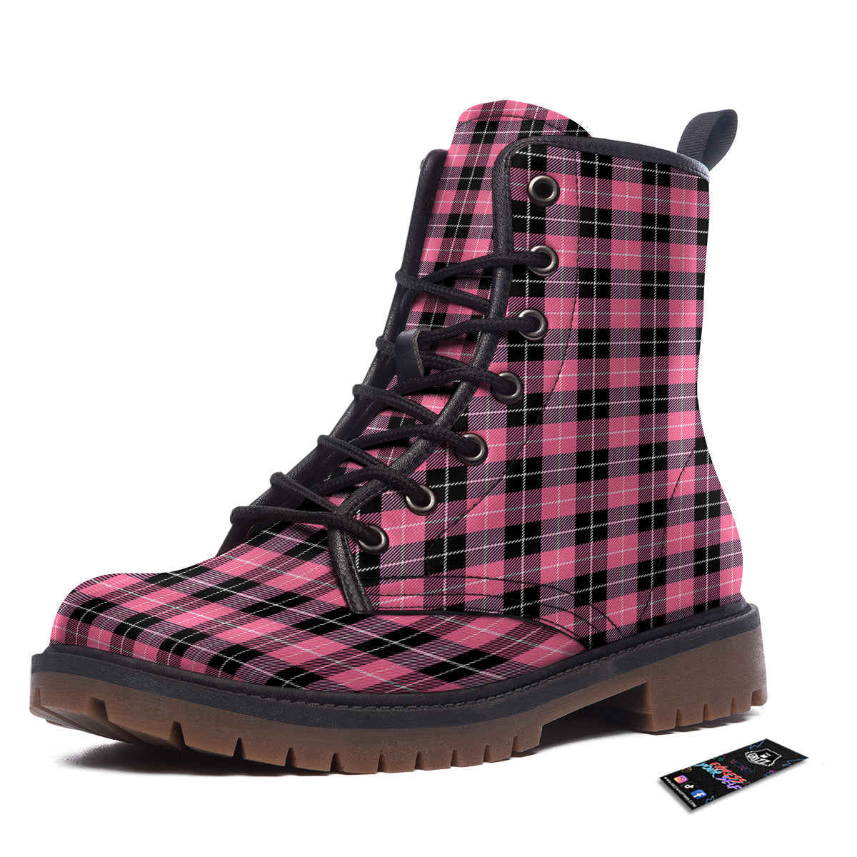 Buffalo Check Black And Pink Print Work Boots-grizzshop
