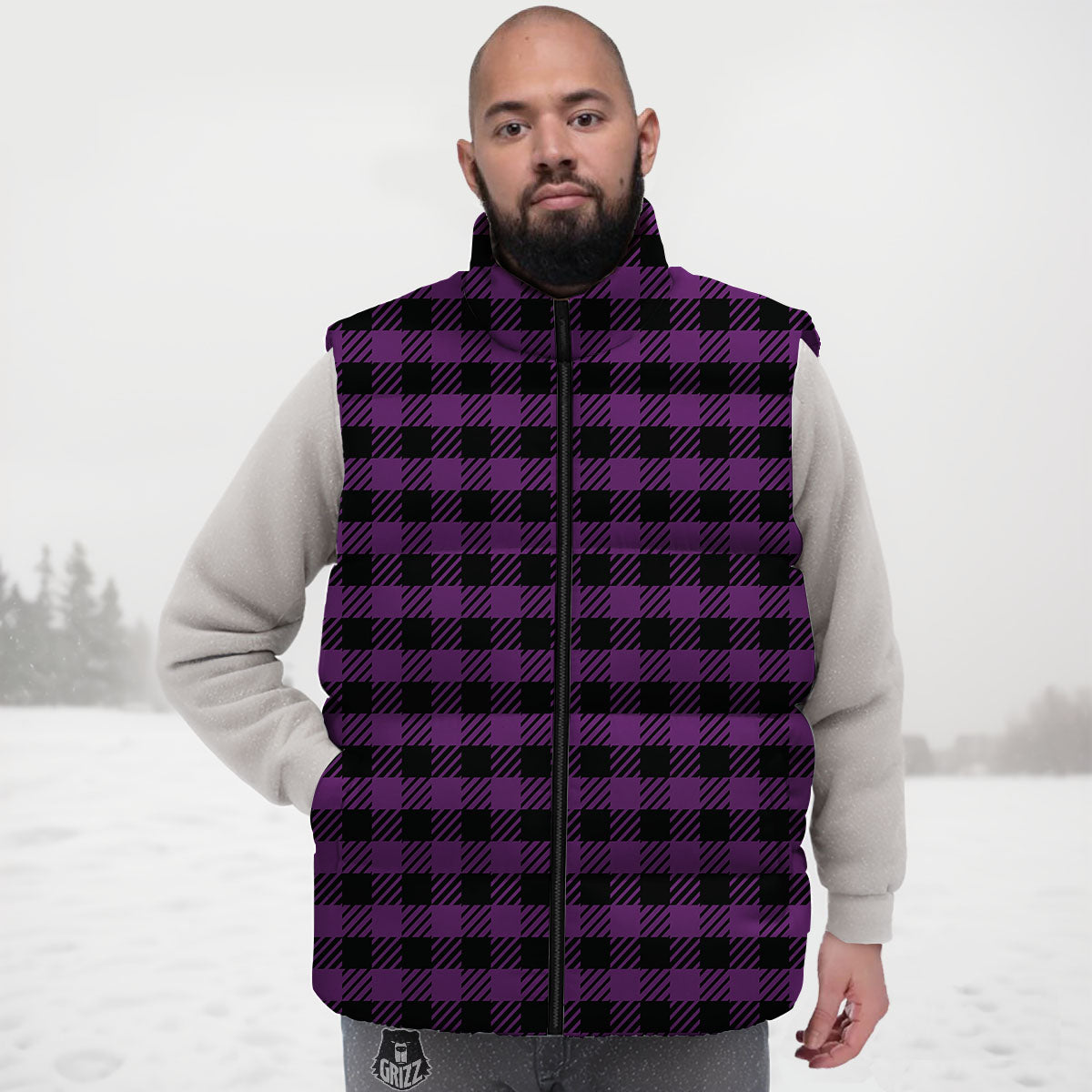 Buffalo Check Black And Purple Print Down Vest