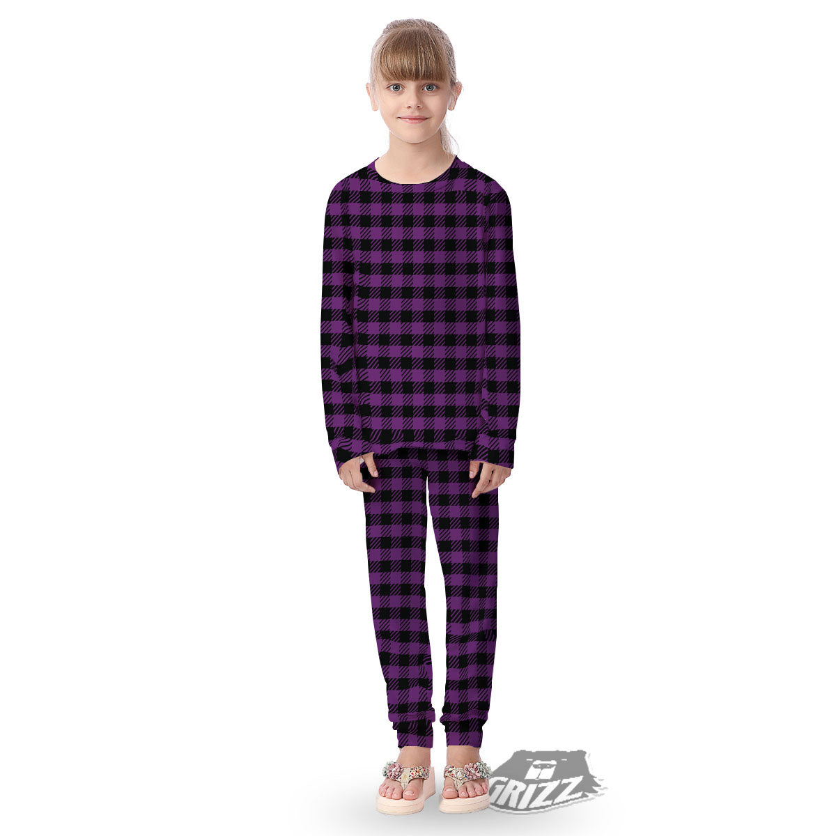 Buffalo Check Black And Purple Print Kid's Pajamas-grizzshop