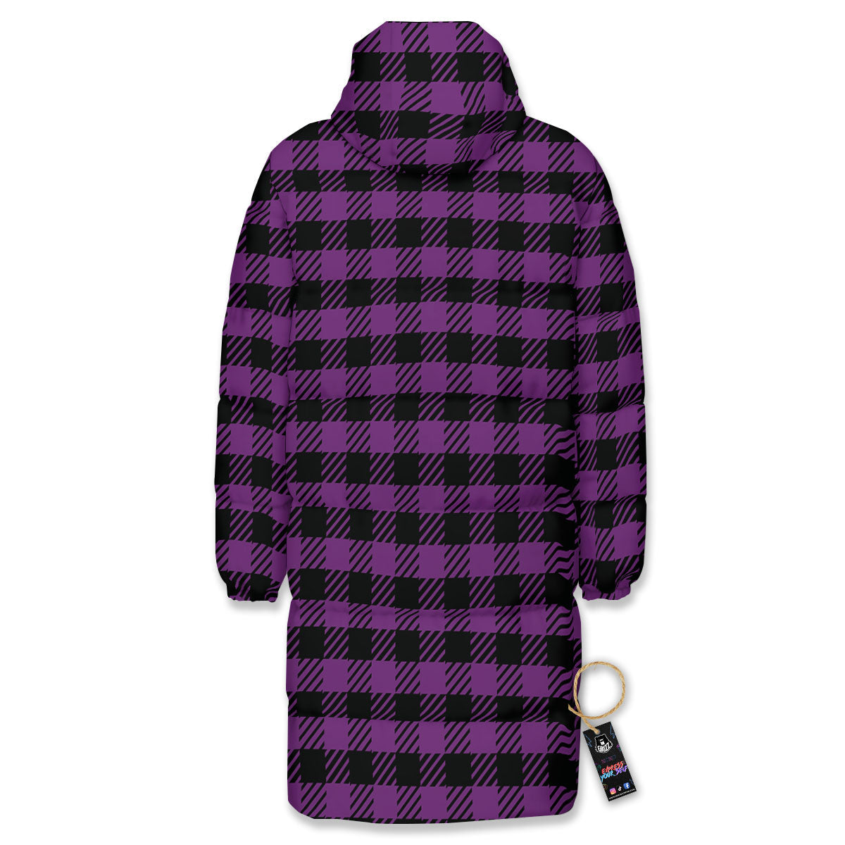 Buffalo Check Black And Purple Print Long Down Jacket-grizzshop