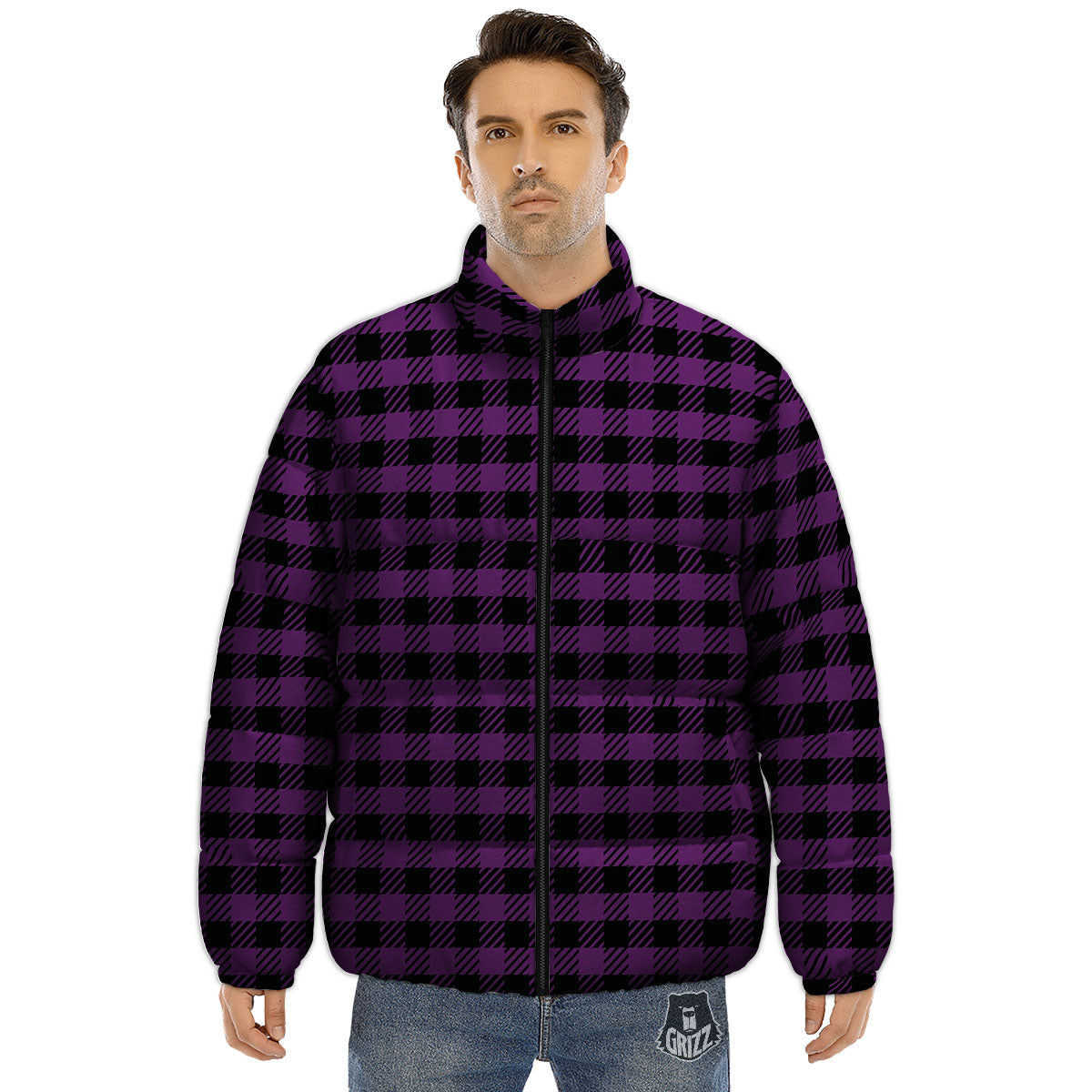 Buffalo Check Black And Purple Print Puffer Jacket-grizzshop