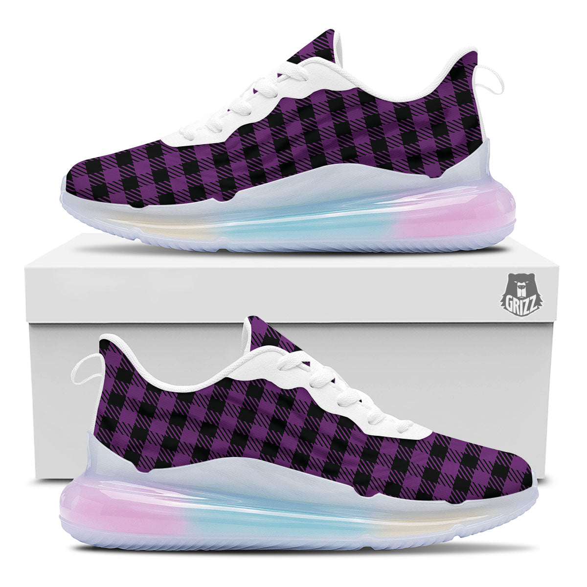 Buffalo Check Black And Purple Print Running Sneakers-grizzshop