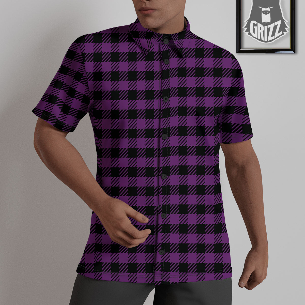 Buffalo Check Black And Purple Print Untucked Shirts-grizzshop