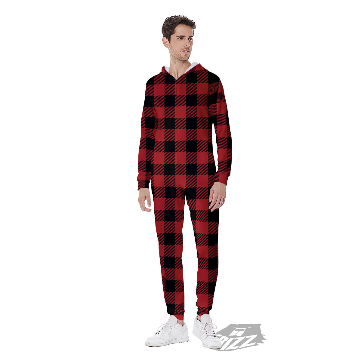 Buffalo Check Black And Red Print Men's Jumpsuit-grizzshop