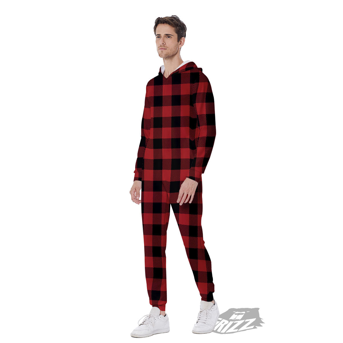 Buffalo Check Black And Red Print Men's Jumpsuit-grizzshop