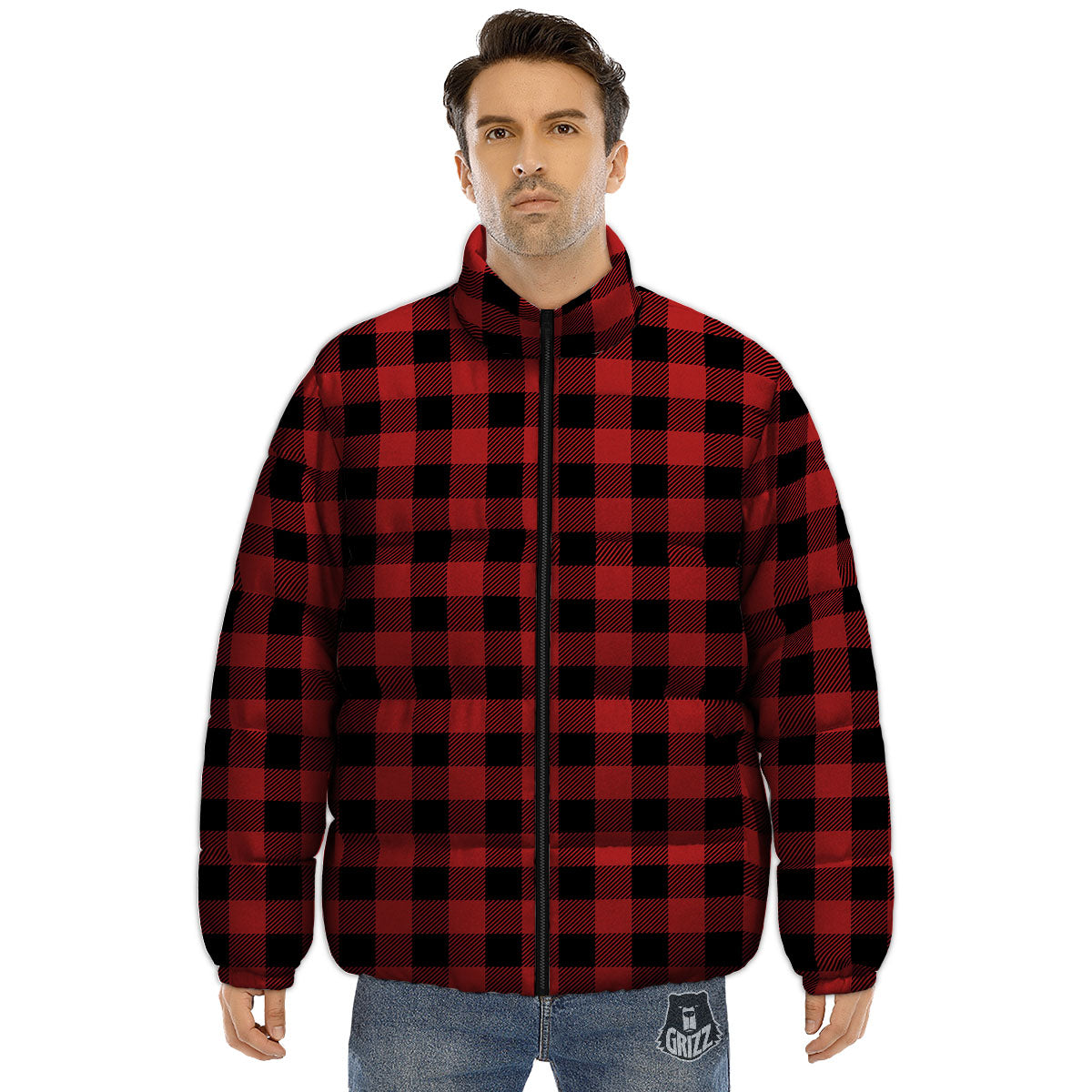 Buffalo Check Black And Red Print Puffer Jacket-grizzshop