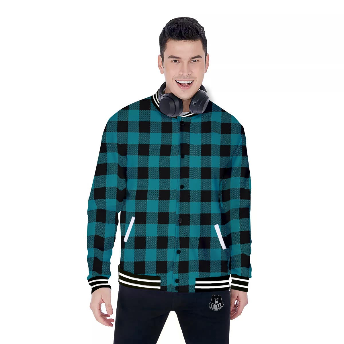 Buffalo Check Black And Teal Print Pattern Baseball Jacket-grizzshop