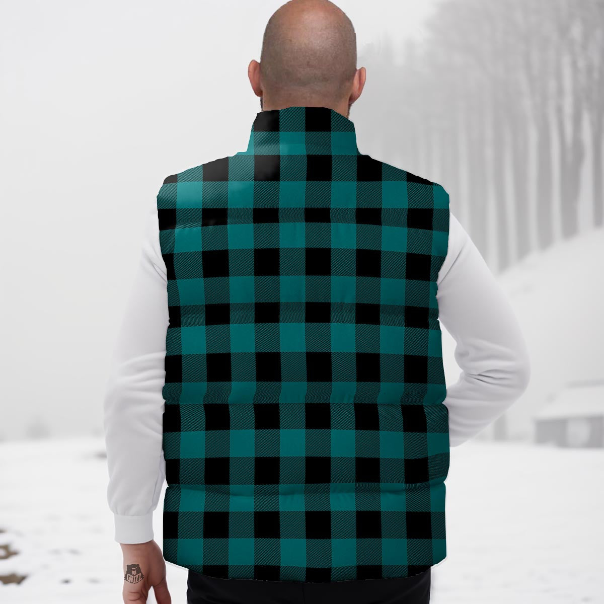 Buffalo Check Black And Teal Print Pattern Down Vest