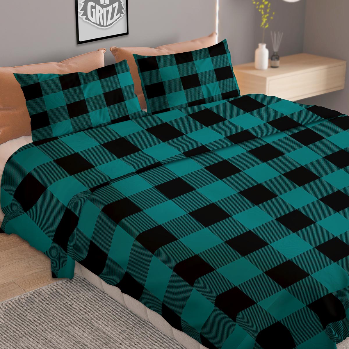 Buffalo Check Black And Teal Print Pattern Duvet Cover Bedding Set