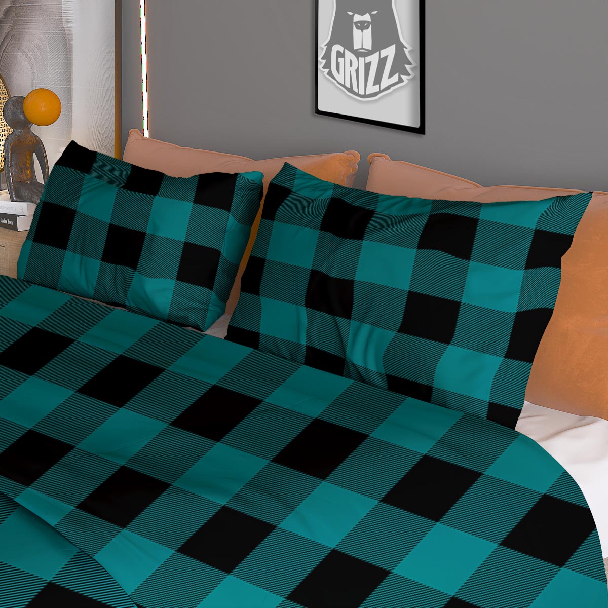 Buffalo Check Black And Teal Print Pattern Duvet Cover Bedding Set