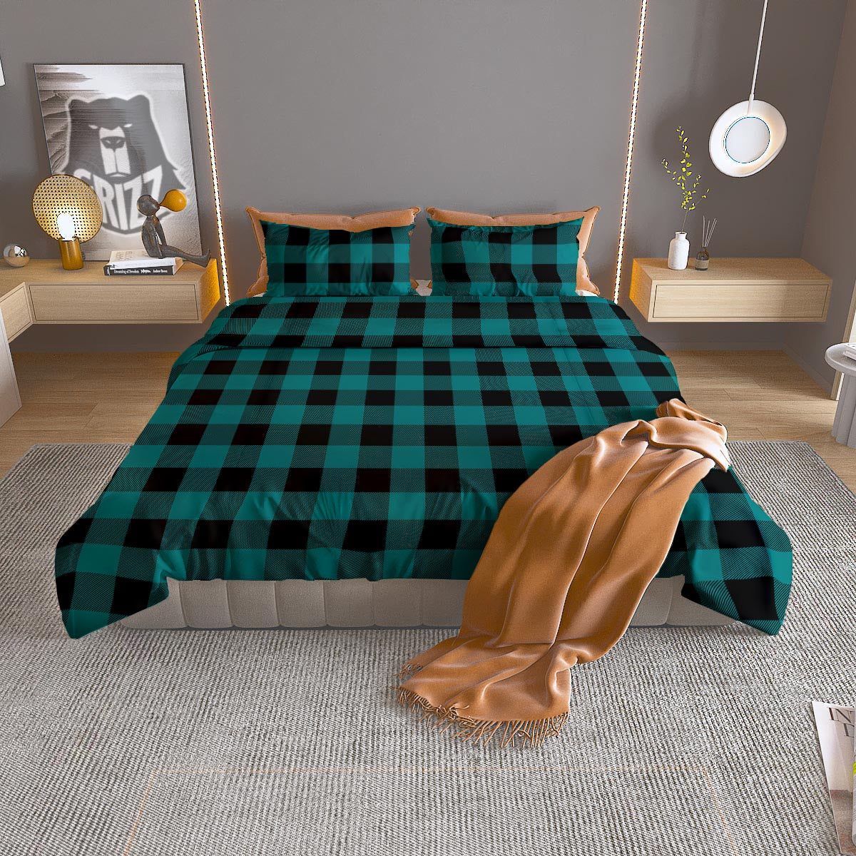 Buffalo Check Black And Teal Print Pattern Duvet Cover Bedding Set
